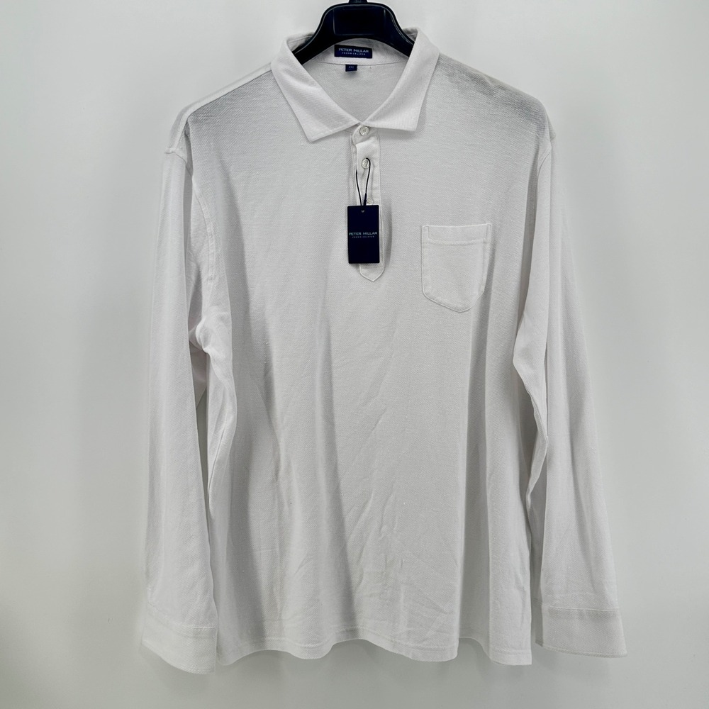 PETER MILLAR Mens XXL Croxley Mesh Long-Sleeve Jersey Polo White Linen Blend NWT